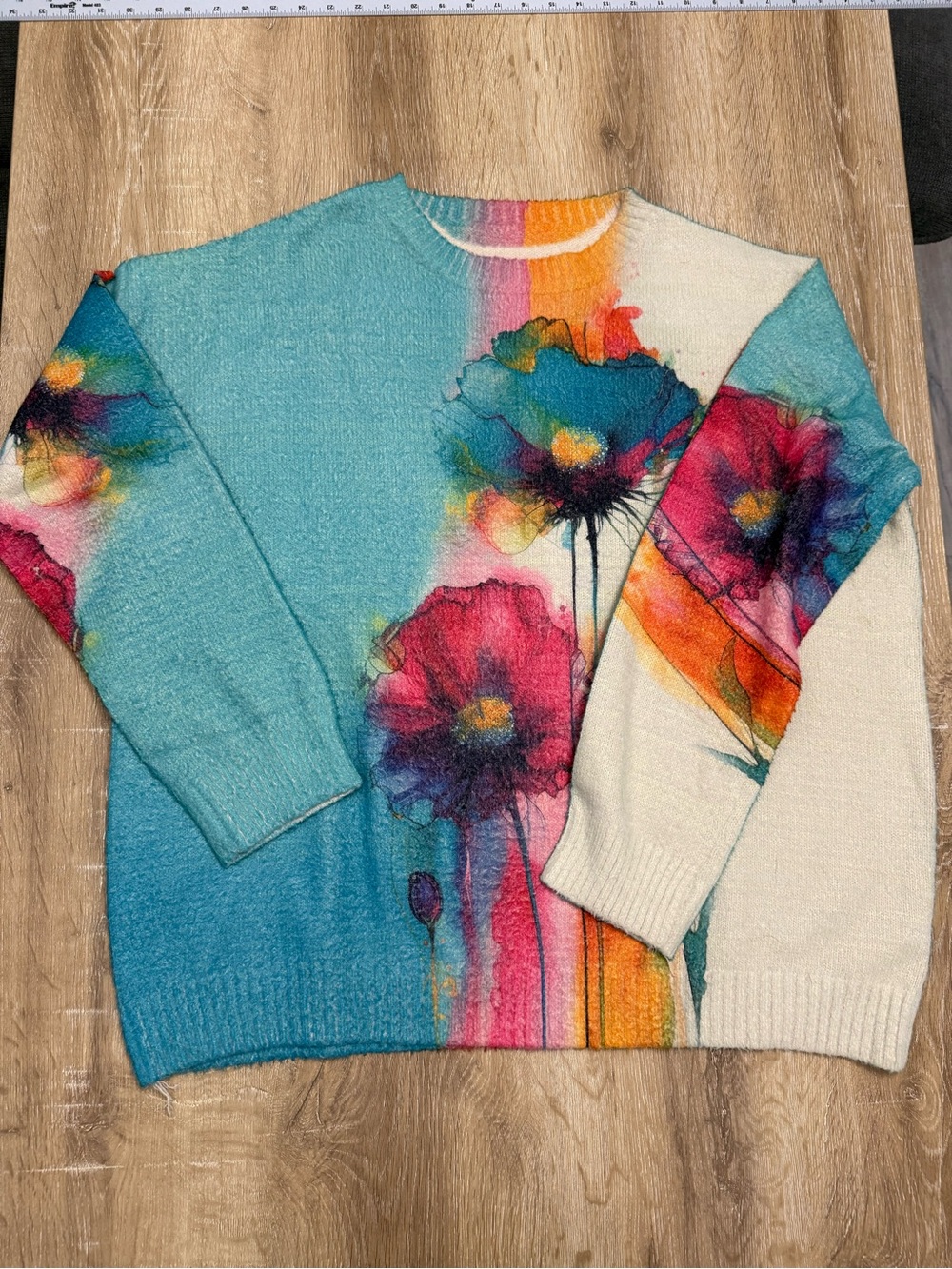 Women's Teal & Cream Floral Watercolor Sweater